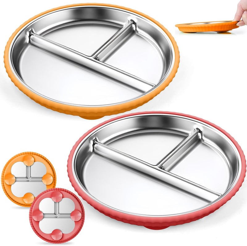Semloo Stainless Steel Kids Plates with Suction, 2Pack 9" Divided Toddler Plates Removable Non Slip Silicone Sleeves Baby Feeding Led Weaning Supplies, BPA Free, Unbreakable Dishwasher Safe - Image 1